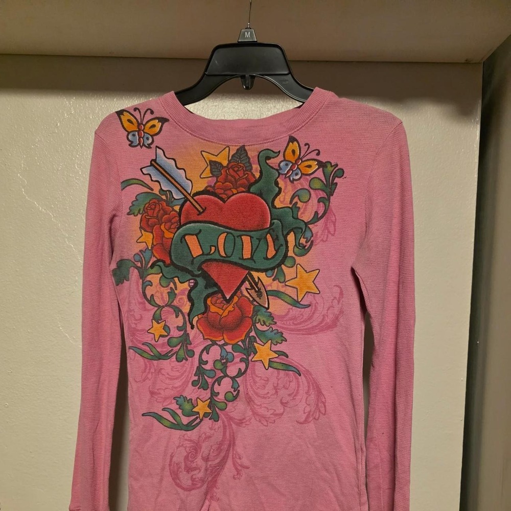 Hide and Seek Pink Long Sleeve Heart Tattoo Graphic Thermal Shirt Emo Grunge L